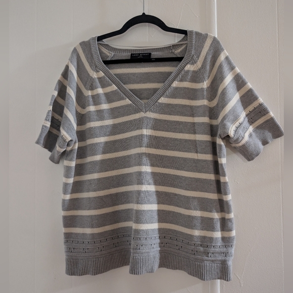 Lane Bryant Gray and Cream Striped V-Neck Top - Picture 1 of 6